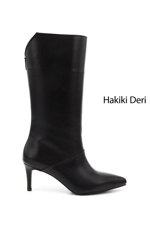 Kadın Siyah Platinum Fermuarlı İnce Topuklu Hakiki Deri Çizme