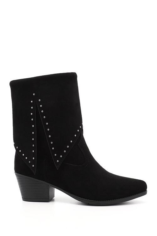 Kadın Siyah Süet Sivri Burun Kalın Topuklu Kovboy Çizme