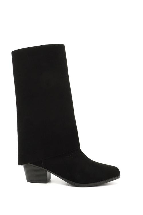 Kadın Siyah Süet Sivri Burun Kalın Topuklu Kovboy Çizme