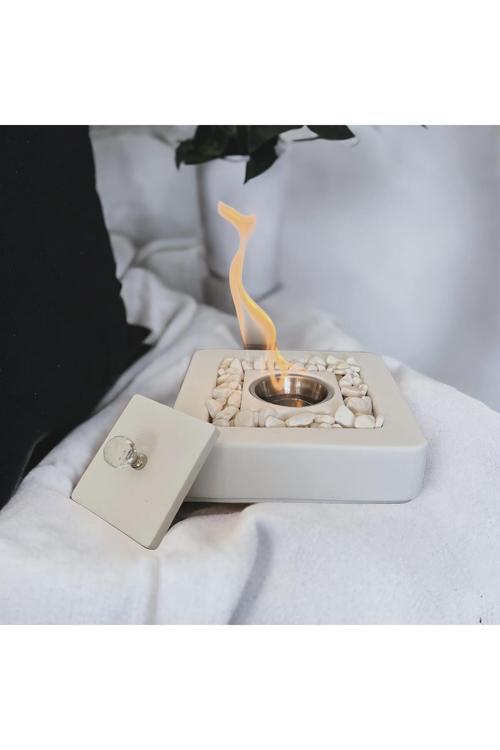 Dekoratif Masa Üstü Beton Ateş Çukuru Bacasız Şömine Beyaz 500Ml Yakıt