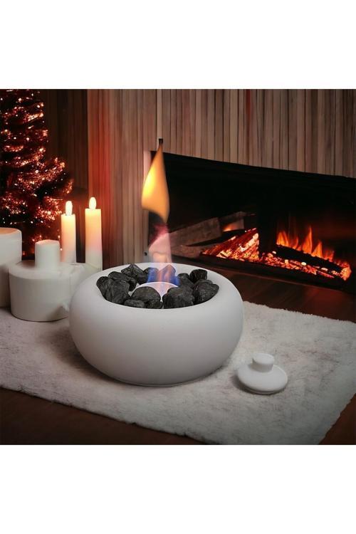 Masa Üstü Beton Yuvarlak Ateş Çukuru Bacasız Şömine Beyaz 500Ml Yakıt