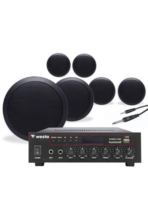 6’Lı Siyah 100V Tavan Hoparlörlü Ses Sistemi Paketi – Kafe, Mağaza, Ofis Ortam Müzik & Anons Çözümü