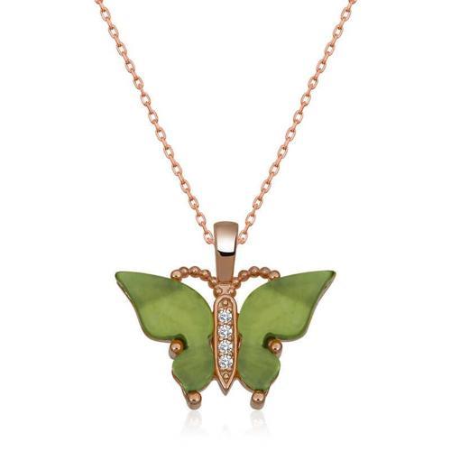 Gümüş Rose Yeşil Kaplangözü Taşlı Kelebek Kolye