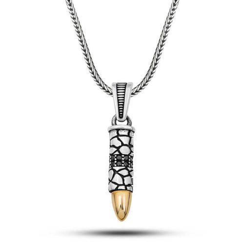 Gümüş Siyah Zirkon Taşlı Mermi Erkek Kolye