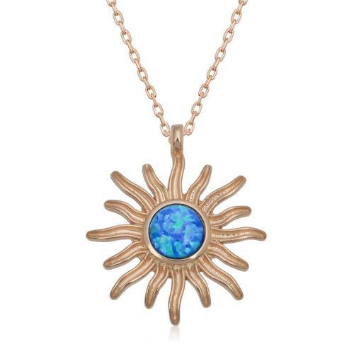 ​925 Ayar Gümüş Rose Mavi Opal Taşlı Güneş Kadın Kolye
