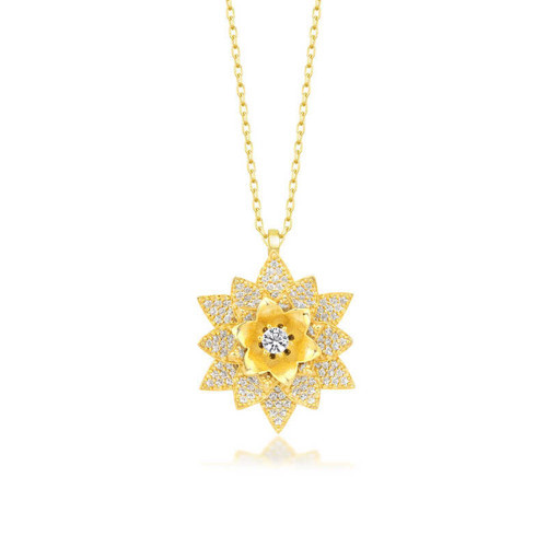925 Ayar Gümüş Gold Beyaz Taşlı Lotus Çiçeği Kadın Kolye