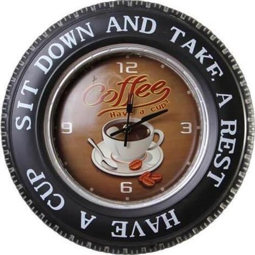 Dekoratif Araba Tekerleği Coffea TimeTemalı Saatli Led Işıklı