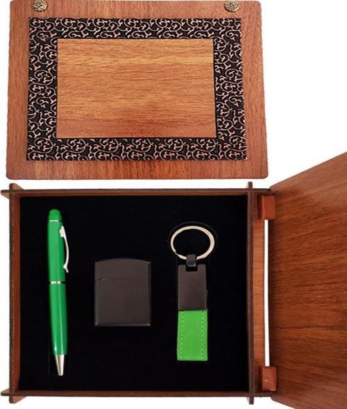 Ahşap Kutulu Yeşil Kalem Anahtarlık Çakmak Seti Hediyelik