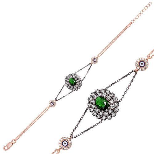 925 Ayar Gümüş Rose Yeşil Taşlı Otantik Bileklik