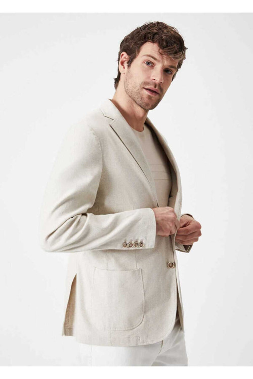 Papas Bej Renk Ketenli Blazer Ceket