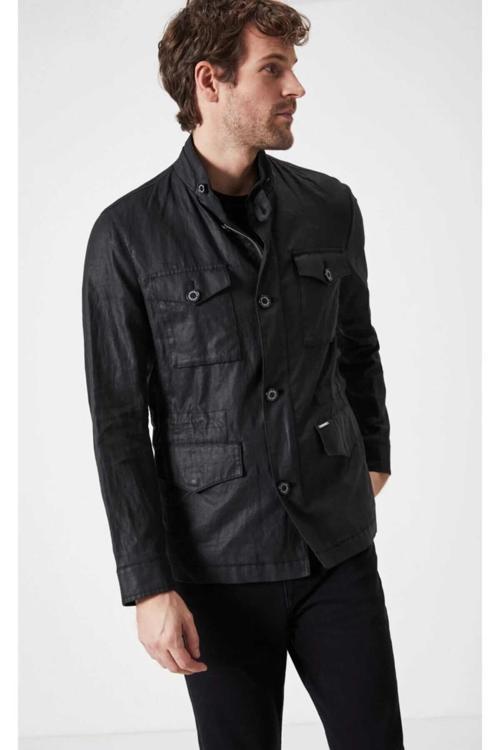 Karbe Siyah Renk Saf Keten Safari Ceket