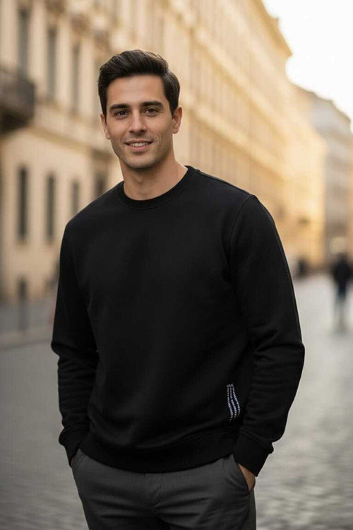 Paolo Bisiklet Yaka Erkek Sweatshirt Siyah