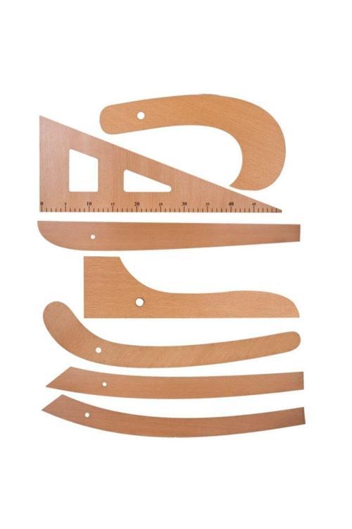 Terzi-Modelist-Tekstil 7 Parça Ahşap Cetvel Riga Gönye Seti - 50 Cm - Kahverengi