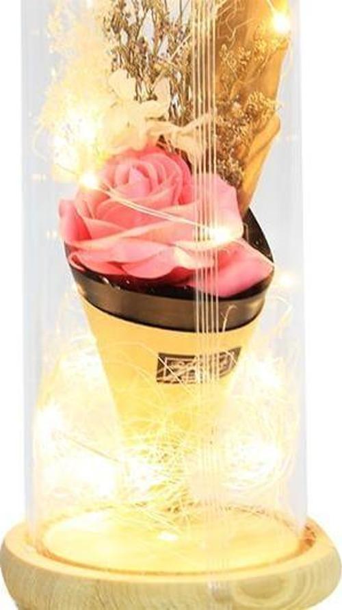 Fanus Gül 28/12cm Cam Fanus Led Işıklı Hediyelik