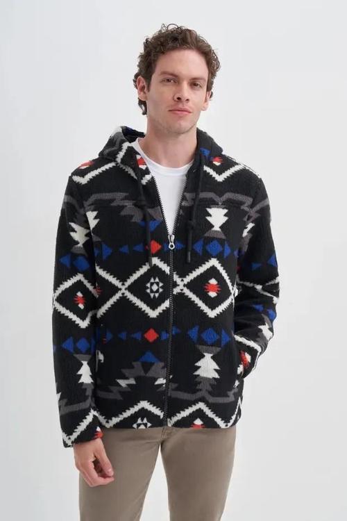 Vintage Desenli Kürklü Regular Fit Kapüşonlu Sweat Hırka-50940