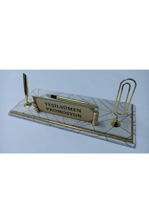 Krem Kadife Ve Gold Deriden Oluşan Lüx Tasarım Masa Üstü Isimlikli Set