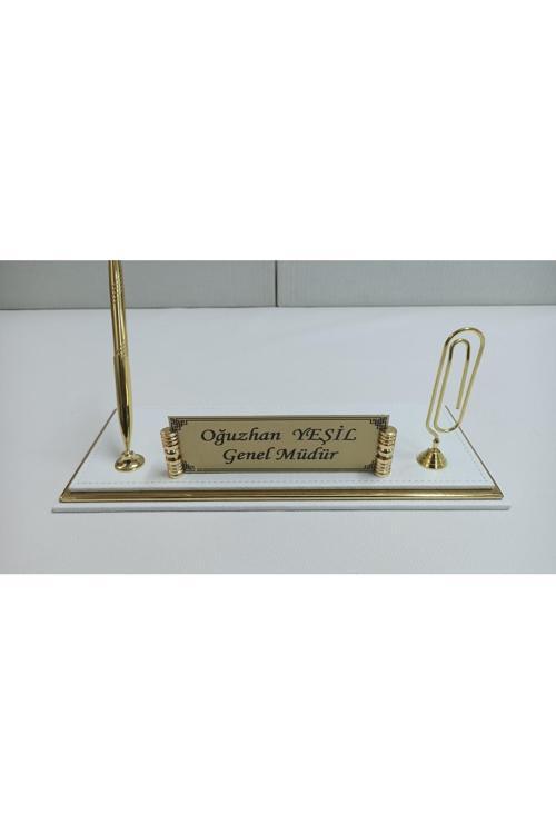 Beyaz Ve Gold Deriden Oluşan Lüks Tasarım Masaüstü Isimlikli Set