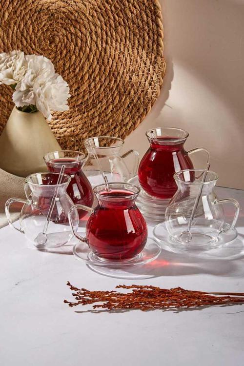 Keyfi Ala 18 Parça Cam Tabaklı 200 Ml Çay Seti Per16475