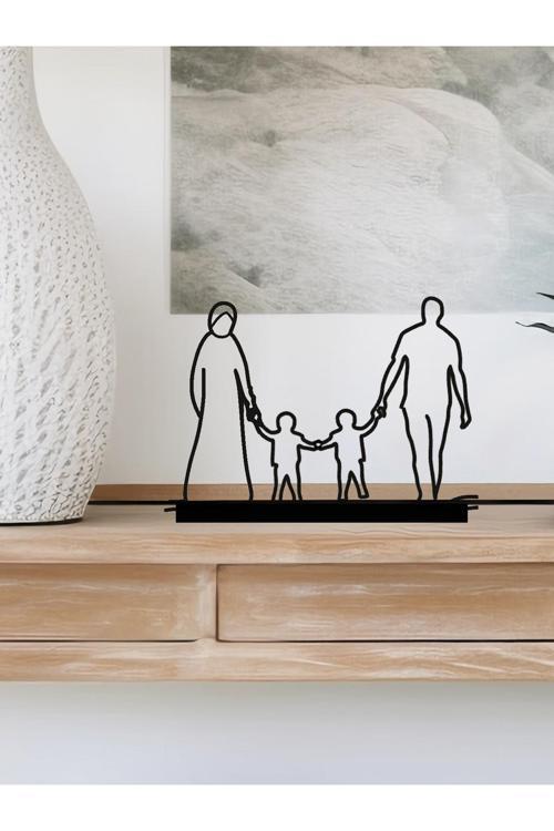 Aile Figürlü Tesettürlü Anne - Baba - İki Küçük Erkek Çocuk Siyah Dekor Biblo - Bioplastik