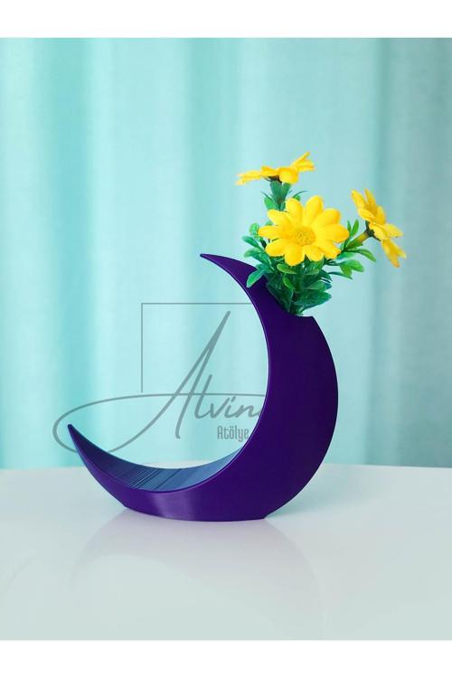 Ay Figürlü Gece Mavisi Dekoratif Vazo - Bioplastik