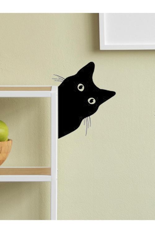 Meraklı Kedi Figürlü Siyah Duvar Dekoru - Raf Dekoru - Bioplastik