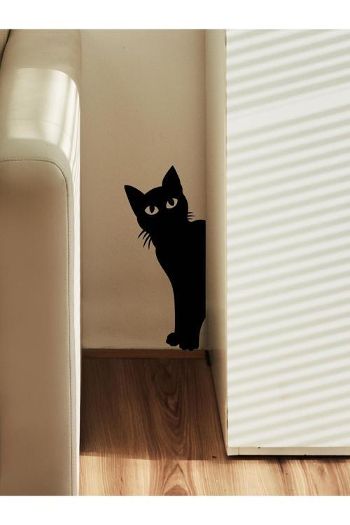 Meraklı Kedi Figürü Siyah Duvar Dekoru - Raf Dekoru - Bioplastik