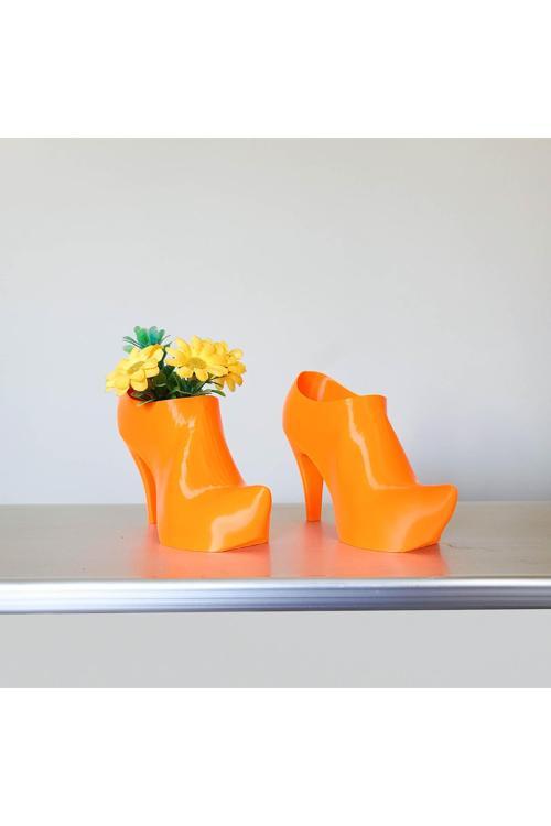 Topuklu Ayakkabı Çifti Dekoratif Saksı 13Cm- 2 Adet - Turuncu - Özel Üretim - Bioplastik