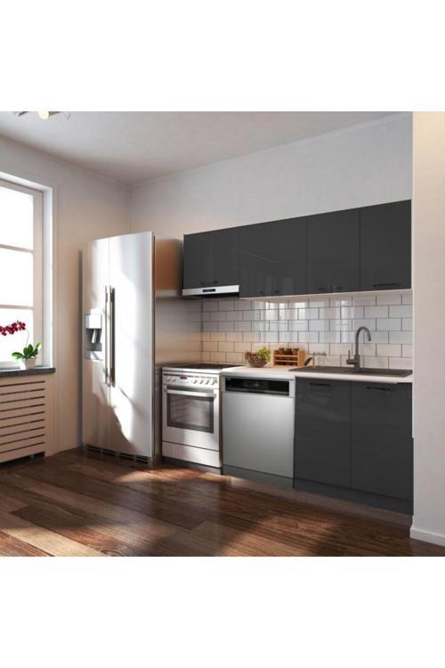 Puka Hazır Mutfak Dolabı 200cm Parlak-Beyaz Laminat Tezgah Dahil-Bulaşık Makinesi Yeri Mevcut-Parlak