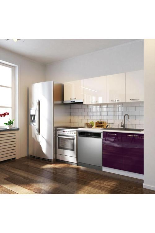 Puka Hazır Mutfak Dolabı 200cm Parlak-Beyaz Laminat Tezgah Dahil-Bulaşık Makinesi Yeri Mevcut-Parlak