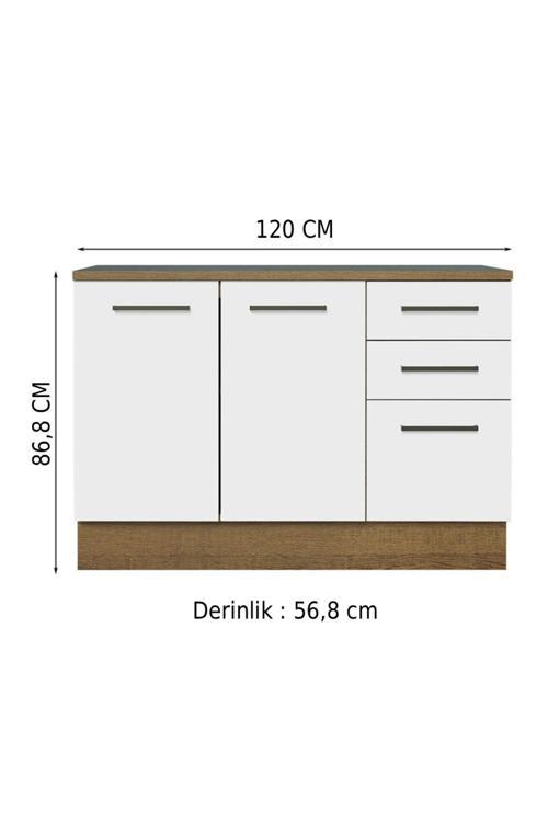 Yale Mutfak Alt Modül 3 Çekmeceli -2 Kapaklı-120 Cm -tezgah Dahil