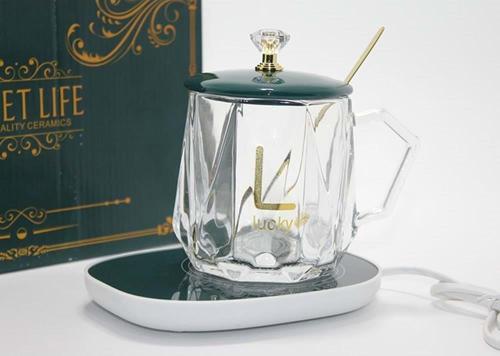 Porselen Kapaklı Isıtıcılı Cam Kupa Bardak Dekoratif Hediyelik