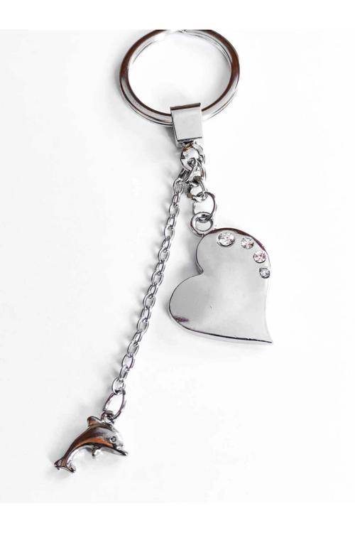 Üzeri Taşlı Kalp ve Zincir Ucunda Yunuslu Metal Anahtarlık