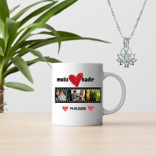 Kişiye Özel Film Şeridi Fotoğraflı Sevgili Kupası ve Gece Parlayan Lotus Kolye Hediyelik Seti