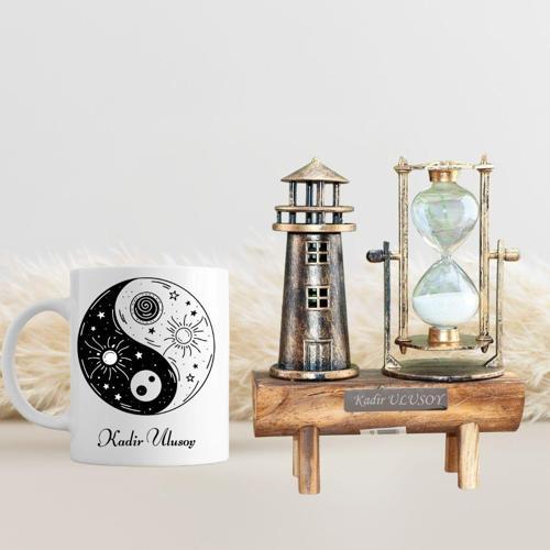 Kişiye Özel Hediyelik Yin Yang Kupa & Deniz Feneri Kum Saati Seti