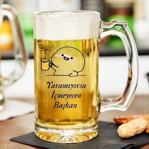 Yaramıyorsa İçmeyeceksin Başkan Yazılı Cam Bira Bardağı – Mizahi Hediyelik Kupa