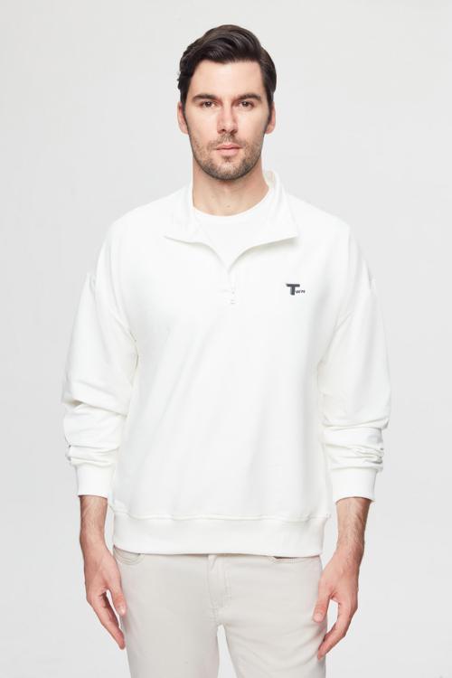 Twn Oversize Ekru Düz Yarım Fermuarlı Pamuklu Mevsimlik Sweatshirt