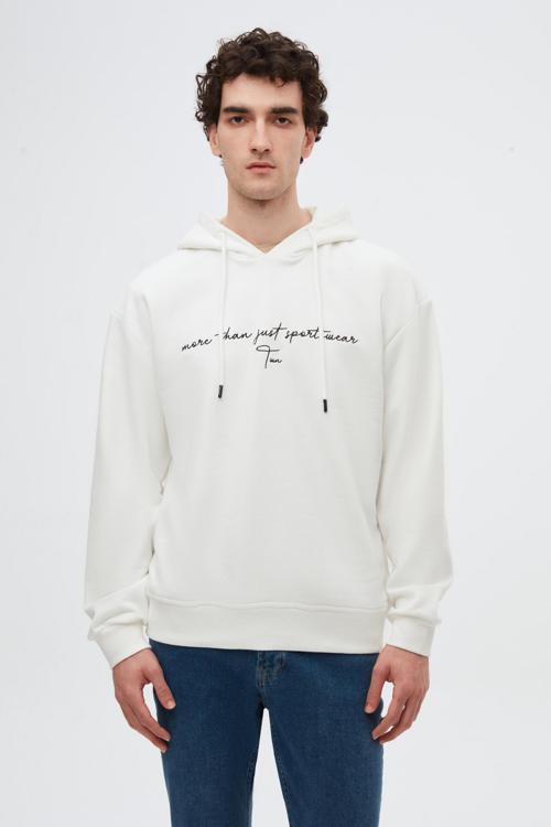 Twn Relaxed Fit Ekru Nakışlı 3 İplik Kapüşonlu Sweatshirt