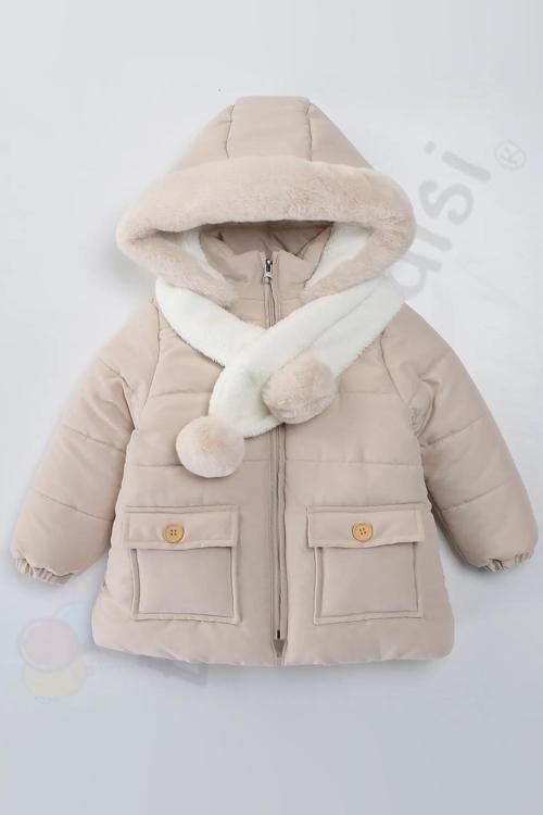 Atkı Kapüşonlu Cepli İçi Peluş Kürklü Fermuarlı Kapitone Kar Şişme Kışlık Kız Bebek Mont Çocuk Kaban