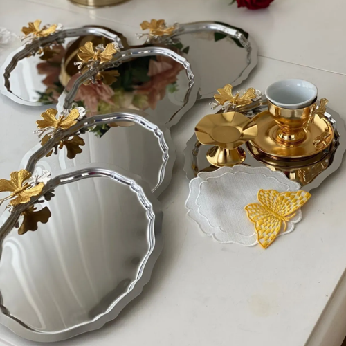 PASLANMAZ ÇELİK OVAL MODEL 20*25 CM SERVİS VE SUNUM TEPSİSİ KELEBEKLİ 6 ADET