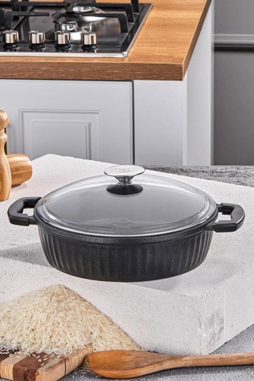 Valeriya Döküm Cam Kapak Basık Tencere 24 Cm Siyah TAC-4972