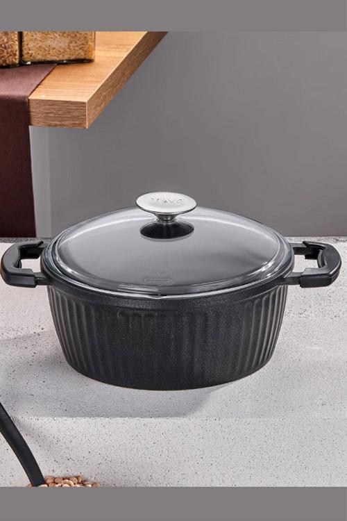 Valeriya Döküm Cam Kapak Derin Tencere 22 Cm Siyah TAC-4975
