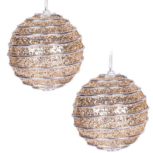 Yılbaşı Topu Pullu Gümüş Şerit İp Desenli 2 li Paket Şampanya 9 cm