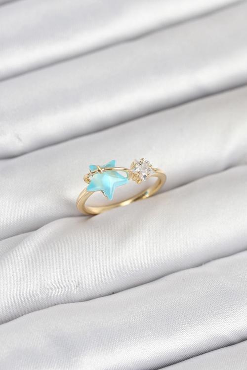 Pirinç Gold Renk Mavi Yıldızlı Model Kadın Yüzük - EBJ250927W37955