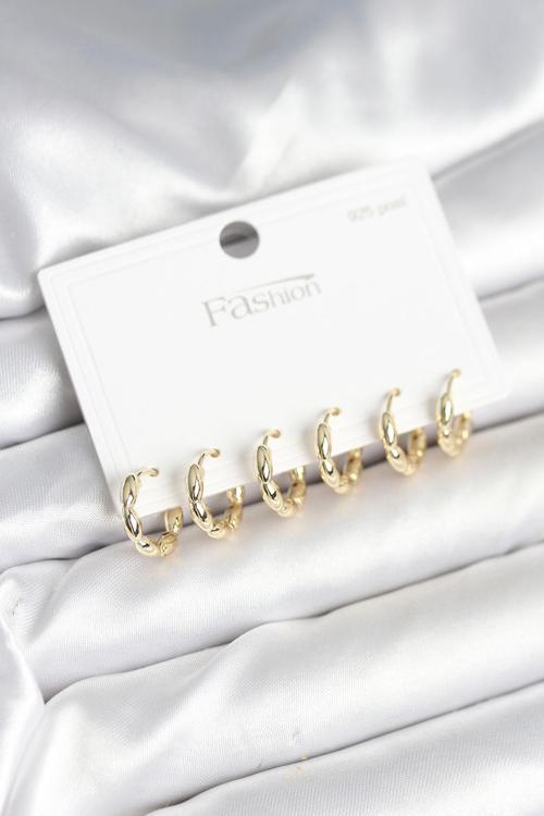 Pirinç Gold Renk Baklalı Halka 925 Gümüş Çivi Kadın Küpe Seti - EBJ251010W38081
