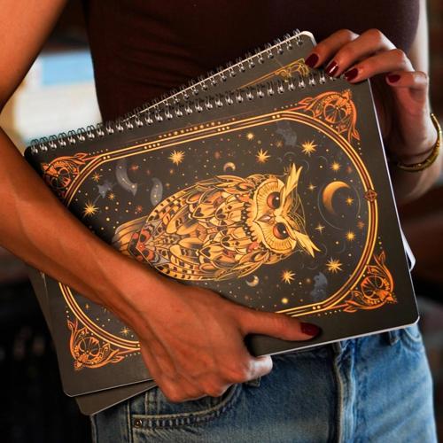 A4 Spiralli Karton Kapak 2’li Set Kareli Ders Programlı Not Okul Defteri - Mistik Serisi Baykuş ve G