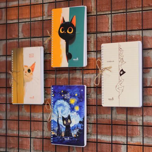 A5 Spiralli Karton Kapak 4'lü Set 2 Kareli 2 Çizgili Ders Programlı Not Okul Defteri - Meow Kedi Ser