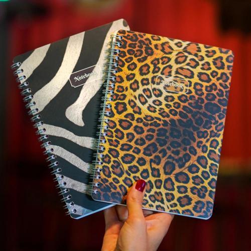 A5 Spiralli Karton Kapak 2'li Set Kareli Ders Programlı Not Okul Defteri - Leopar, Zebra