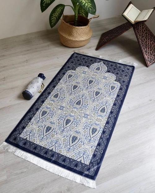 Rumi Desenli İpek Dokulu Keseli Seccade Gri Renk