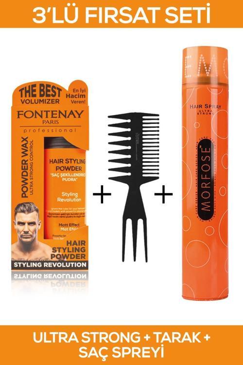 Saç Şekillendirici Pudra Toz Wax Ultra Strong Turuncu + Şekil Tarağı + Saç Spreyi 400ml 3'Lü Set