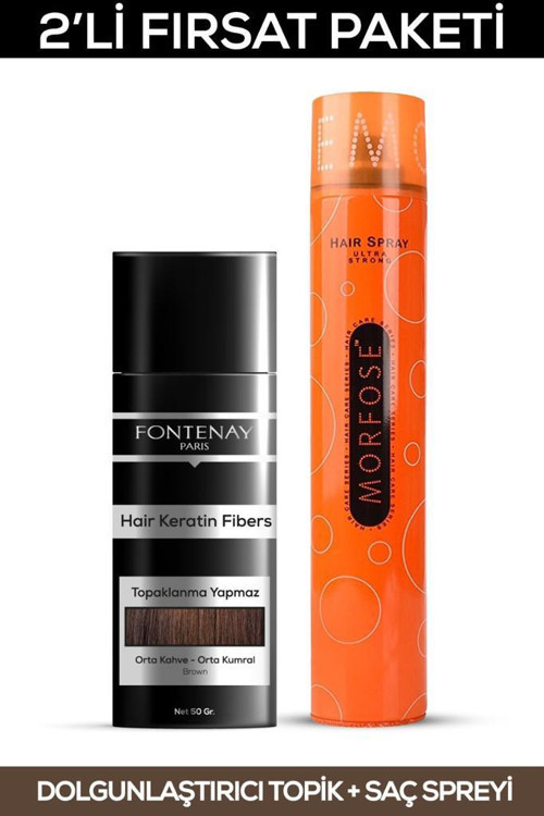 Saç Dolgunlaştırıcı Keratin Fibers Orta Kahve Topik Saç Tozu 50gr + Saç Spreyi 2'Li Set 2